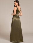 Double V-neck Satin Maxi Formal Dress with Pockets – Olive Green