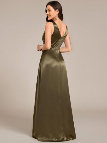 Double V-neck Satin Maxi Formal Dress with Pockets - Olive Green