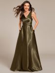 Double V-neck Satin Maxi Formal Dress with Pockets – Olive Green
