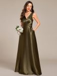 V-neck Empire Waist Satin Maxi Bridesmaid Dress with Pockets – Olive Green