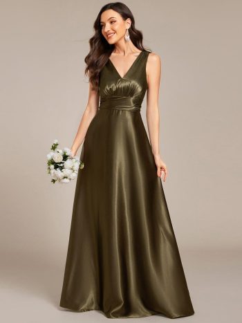 Double V-neck Satin Maxi Formal Dress with Pockets - Olive Green