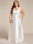 Double V-neck Satin Maxi Formal Dress with Pockets – White