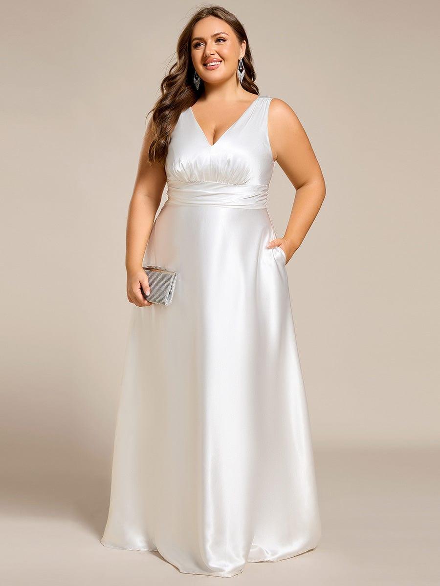 Double V-neck Satin Maxi Formal Dress with Pockets - White Double V-neck Satin Maxi Formal Dress with Pockets - White
