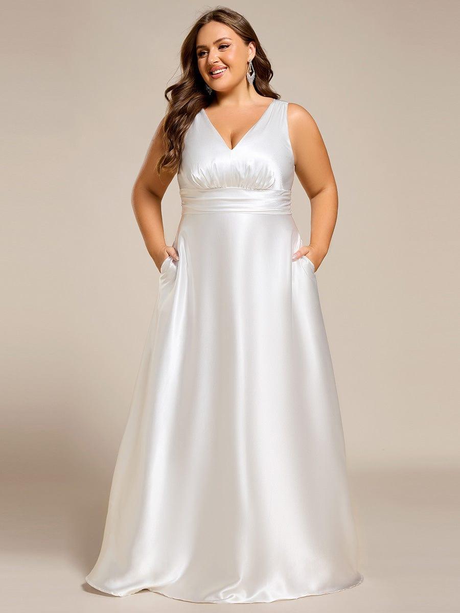 Double V-neck Satin Maxi Formal Dress with Pockets - White Double V-neck Satin Maxi Formal Dress with Pockets - White