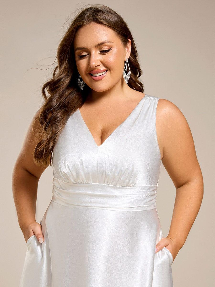 Double V-neck Satin Maxi Formal Dress with Pockets - White Double V-neck Satin Maxi Formal Dress with Pockets - White