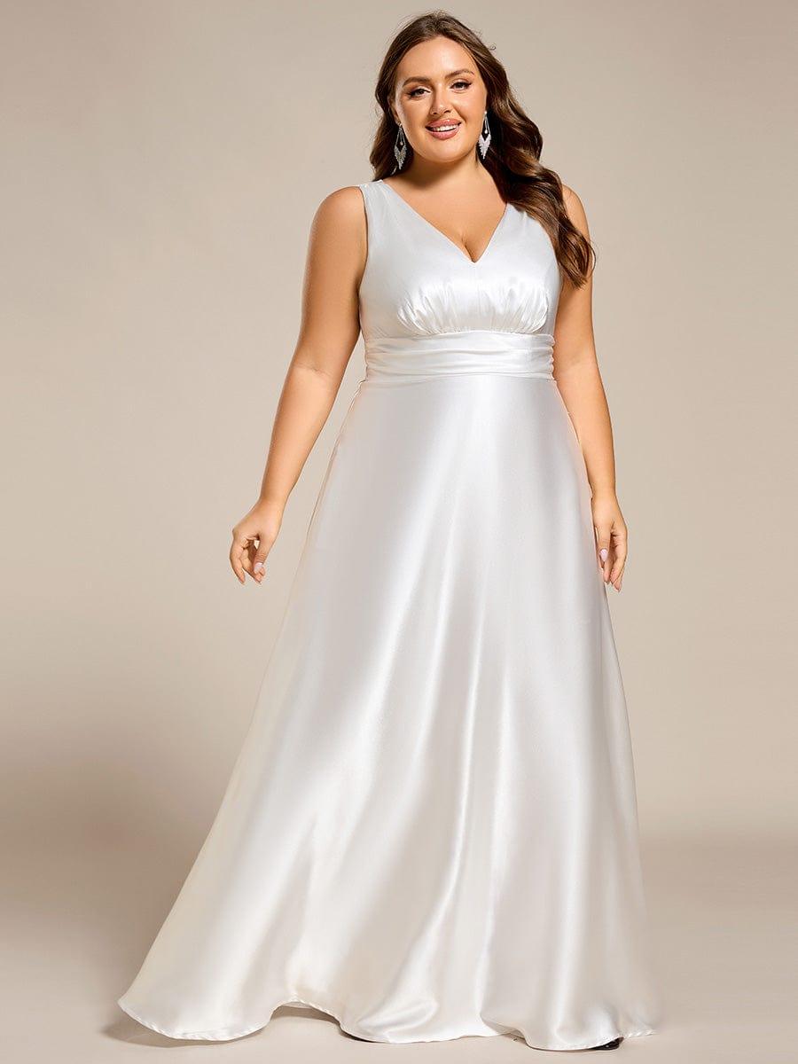 Double V-neck Satin Maxi Formal Dress with Pockets - White Double V-neck Satin Maxi Formal Dress with Pockets - White