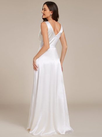 V-neck Empire Waist Satin Maxi Bridesmaid Dress with Pockets - White