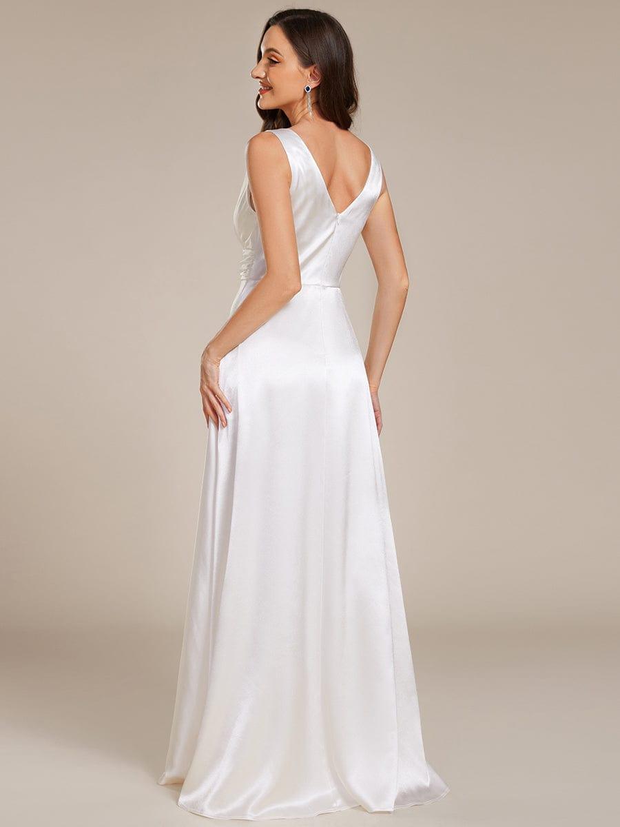 Double V-neck Satin Maxi Formal Dress with Pockets - White Double V-neck Satin Maxi Formal Dress with Pockets - White