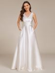Double V-neck Satin Maxi Formal Dress with Pockets – White