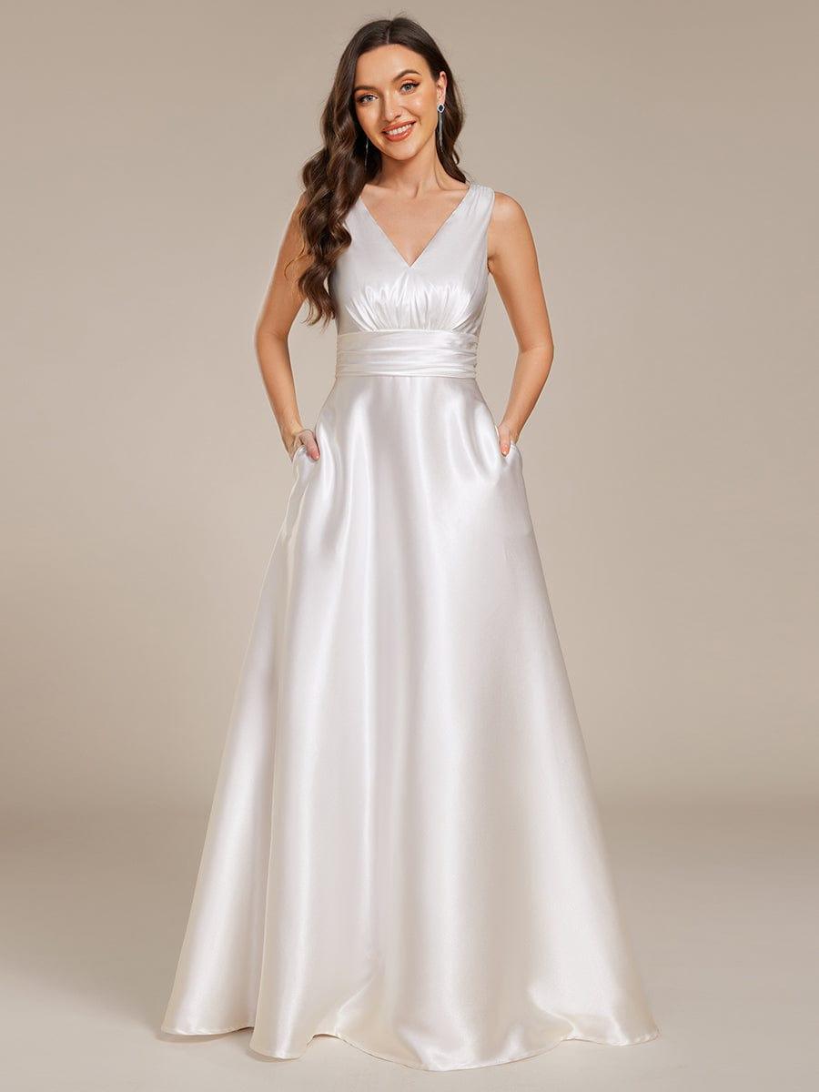 Double V-neck Satin Maxi Formal Dress with Pockets - White Double V-neck Satin Maxi Formal Dress with Pockets - White
