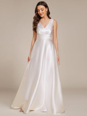 V-neck Empire Waist Satin Maxi Bridesmaid Dress with Pockets - White