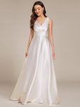 Double V-neck Satin Maxi Formal Dress with Pockets - White