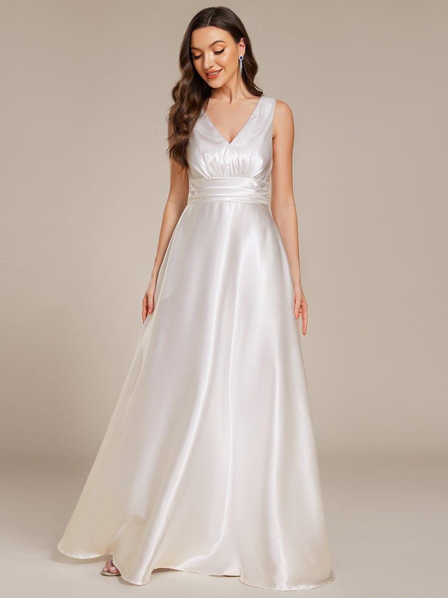 Double V-neck Satin Maxi Formal Dress with Pockets - White Double V-neck Satin Maxi Formal Dress with Pockets - White
