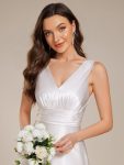 Double V-neck Satin Maxi Formal Dress with Pockets – White