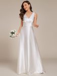 Double V-neck Satin Maxi Formal Dress with Pockets – White