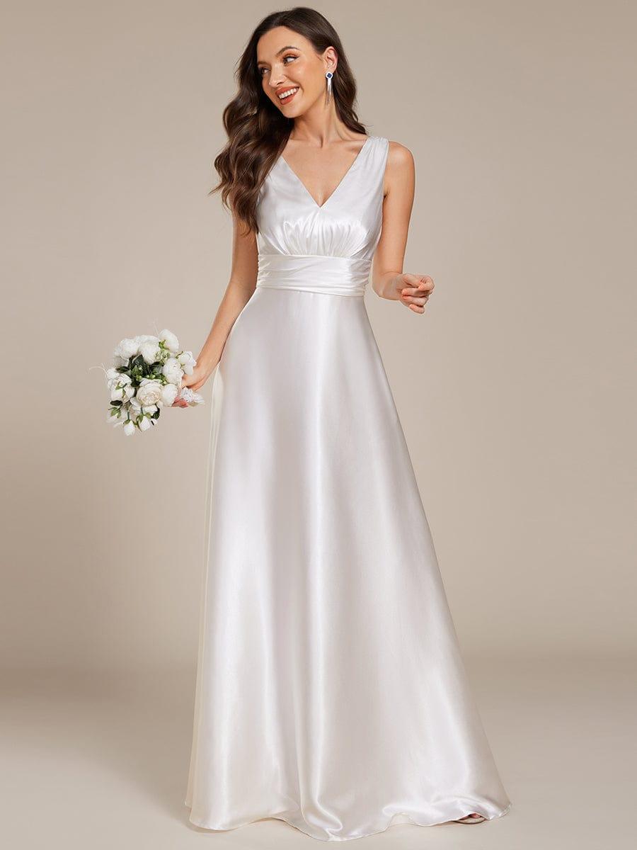 Double V-neck Satin Maxi Formal Dress with Pockets - White Double V-neck Satin Maxi Formal Dress with Pockets - White