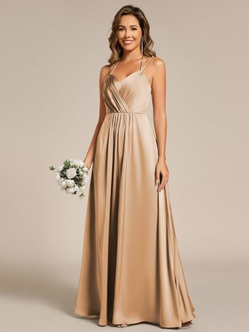 Sleeveless Backless Lace-Up A-Line Satin Bridesmaid Dress - Champagne