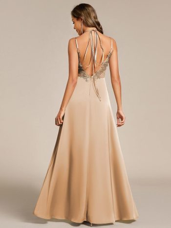 Sleeveless Backless Lace-Up A-Line Satin Bridesmaid Dress - Champagne
