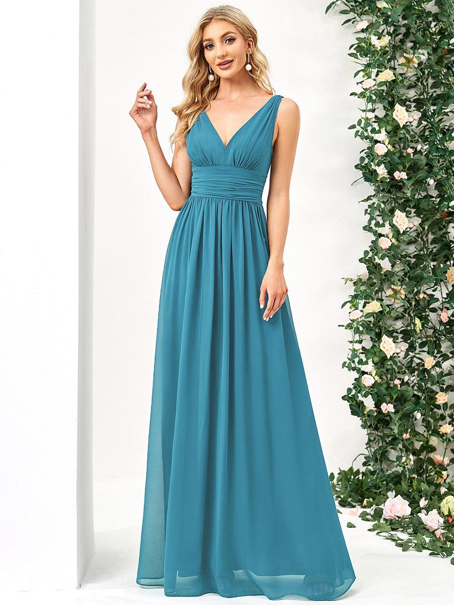 Chiffon Empire Waist Sleeveless Pleated V-neck Bridesmaid Dress - Jade Blue Chiffon Empire Waist Sleeveless Pleated V-neck Bridesmaid Dress - Jade Blue