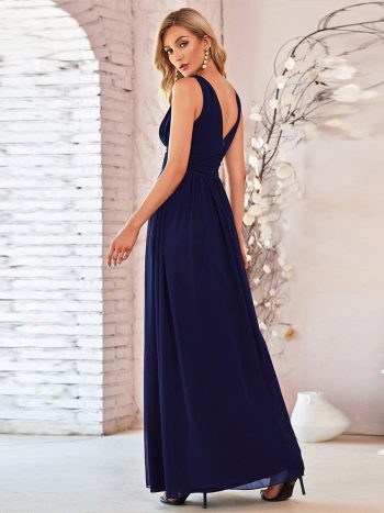 Chiffon Empire Waist Sleeveless Pleated Bridesmaid Dress - Navy Blue