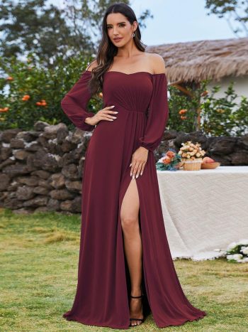 High-Slit Waist Pleated Off Shoulder Chiffon Bridesmaid Dress with Long Sleeves - Burgundy