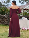 High-Slit Waist Pleated Off Shoulder Chiffon Bridesmaid Dress with Long Sleeves – Burgundy