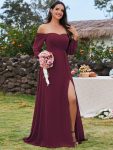 High-Slit Waist Pleated Off Shoulder Chiffon Bridesmaid Dress with Long Sleeves – Burgundy