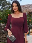 High-Slit Waist Pleated Off Shoulder Chiffon Bridesmaid Dress with Long Sleeves – Burgundy