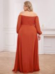 High-Slit Waist Pleated Off Shoulder Chiffon Bridesmaid Dress with Long Sleeves – Burnt Orange