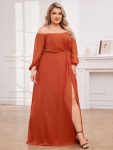 High-Slit Waist Pleated Off Shoulder Chiffon Bridesmaid Dress with Long Sleeves – Burnt Orange