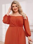 High-Slit Waist Pleated Off Shoulder Chiffon Bridesmaid Dress with Long Sleeves – Burnt Orange