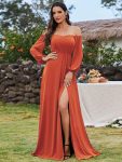 High-Slit Waist Pleated Off Shoulder Chiffon Bridesmaid Dress with Long Sleeves - Burnt Orange