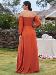 High-Slit Waist Pleated Off Shoulder Chiffon Bridesmaid Dress with Long Sleeves – Burnt Orange