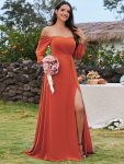 High-Slit Waist Pleated Off Shoulder Chiffon Bridesmaid Dress with Long Sleeves – Burnt Orange