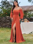 High-Slit Waist Pleated Off Shoulder Chiffon Bridesmaid Dress with Long Sleeves – Burnt Orange