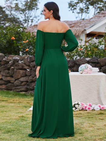 High-Slit Waist Pleated Off Shoulder Chiffon Bridesmaid Dress with Long Sleeves - Dark Green