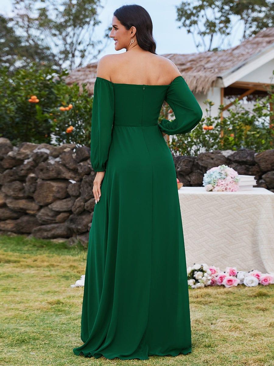 High-Slit Waist Pleated Off Shoulder Chiffon Bridesmaid Dress with Long Sleeves - Dark Green High-Slit Waist Pleated Off Shoulder Chiffon Bridesmaid Dress with Long Sleeves - Dark Green
