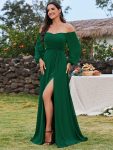 High-Slit Waist Pleated Off Shoulder Chiffon Bridesmaid Dress with Long Sleeves - Dark Green