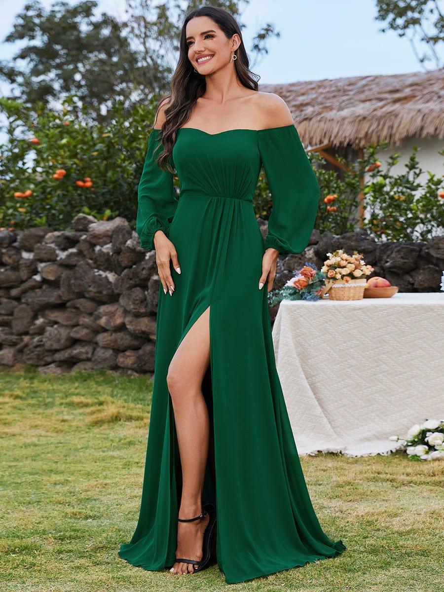 High-Slit Waist Pleated Off Shoulder Chiffon Bridesmaid Dress with Long Sleeves - Dark Green High-Slit Waist Pleated Off Shoulder Chiffon Bridesmaid Dress with Long Sleeves - Dark Green