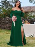 High-Slit Waist Pleated Off Shoulder Chiffon Bridesmaid Dress with Long Sleeves – Dark Green
