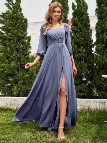 High-Slit Waist Pleated Off Shoulder Chiffon Bridesmaid Dress with Long Sleeves - Dusty Blue