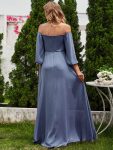 High-Slit Waist Pleated Off Shoulder Chiffon Bridesmaid Dress with Long Sleeves – Dusty Blue