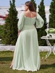 High-Slit Waist Pleated Off Shoulder Chiffon Bridesmaid Dress with Long Sleeves – Mint Green