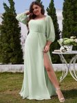 High-Slit Waist Pleated Off Shoulder Chiffon Bridesmaid Dress with Long Sleeves – Mint Green