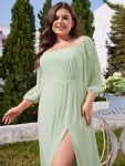 High-Slit Waist Pleated Off Shoulder Chiffon Bridesmaid Dress with Long Sleeves – Mint Green