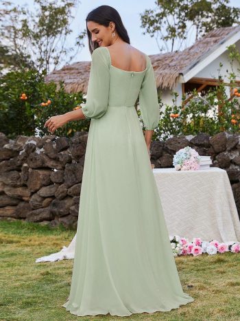 High-Slit Waist Pleated Off Shoulder Chiffon Bridesmaid Dress with Long Sleeves - Mint Green