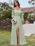 High-Slit Waist Pleated Off Shoulder Chiffon Bridesmaid Dress with Long Sleeves – Mint Green