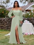 High-Slit Waist Pleated Off Shoulder Chiffon Bridesmaid Dress with Long Sleeves - Mint Green