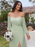 High-Slit Waist Pleated Off Shoulder Chiffon Bridesmaid Dress with Long Sleeves – Mint Green