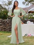 High-Slit Waist Pleated Off Shoulder Chiffon Bridesmaid Dress with Long Sleeves – Mint Green